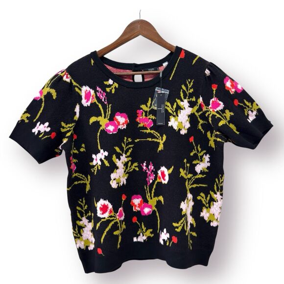 Tahari Pixel Floral Short Sleeve Sweater Blouse Size 1X Teacher Office Chic Art - Picture 2 of 11